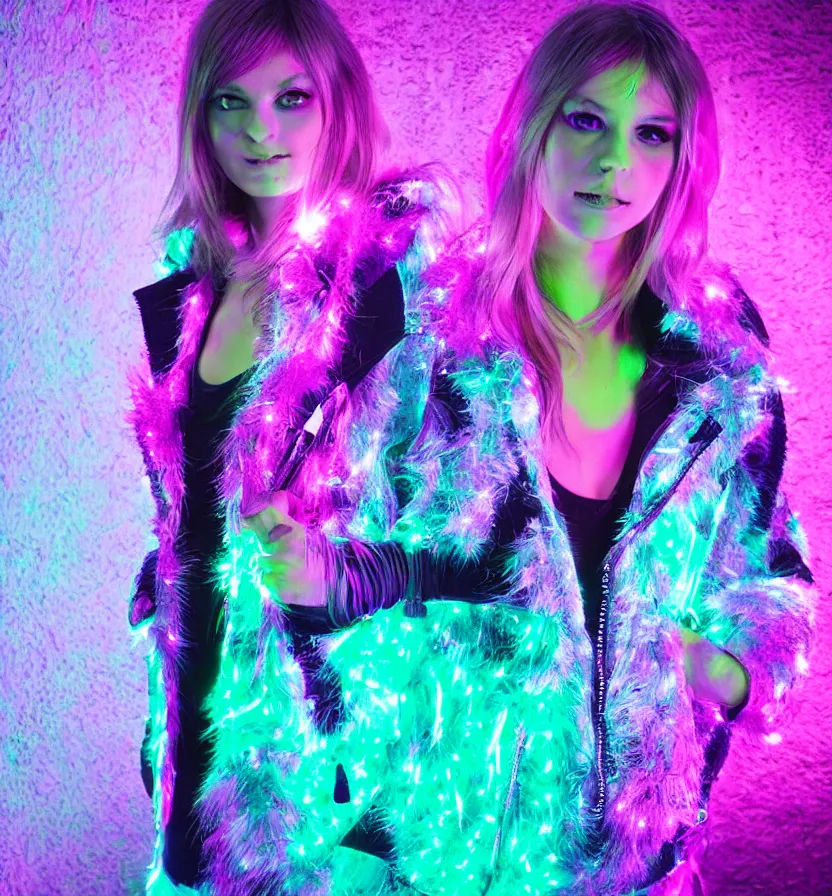 Image similar to autumn season rave jacket with led skin and fluffy lining in the style of cyberdog, futuristic psychedelic hippy, product shot, dark background, neon lighting