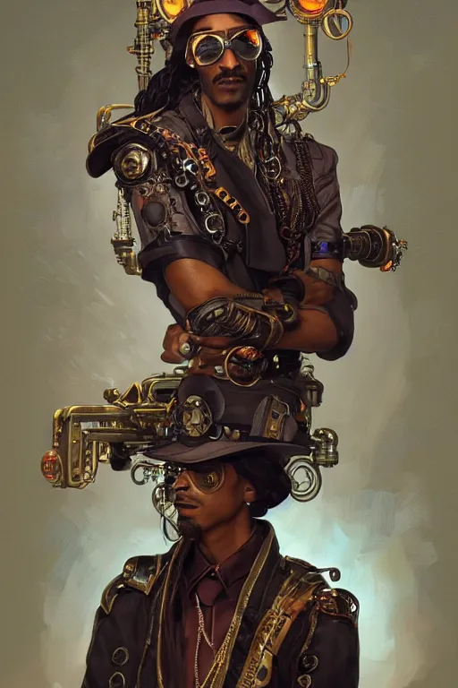 Image similar to 2 0 year old snoop dog as a steampunk cyborg gunslinger, portrait, cyber western, neon, duster, fantasy, intricate, elegant, highly detailed, digital painting, artstation, concept art, sharp focus, illustration, art by artgerm and greg rutkowski and alphonse mucha