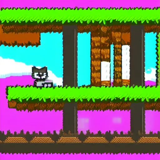 Prompt: a 2 d sprite platformer where a cat is jumping,