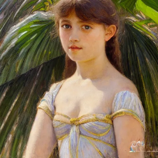 Image similar to a ultradetailed beautiful painting of a girl in the amazonas palace balustrade designed by jules bastien - lepage, tarsila do amaral, frank weston and gustave baumann, beach, trending on artstation, mediterranean, palm trees, hyper detailed face, sharp focus, soft light, 8 k 4 k