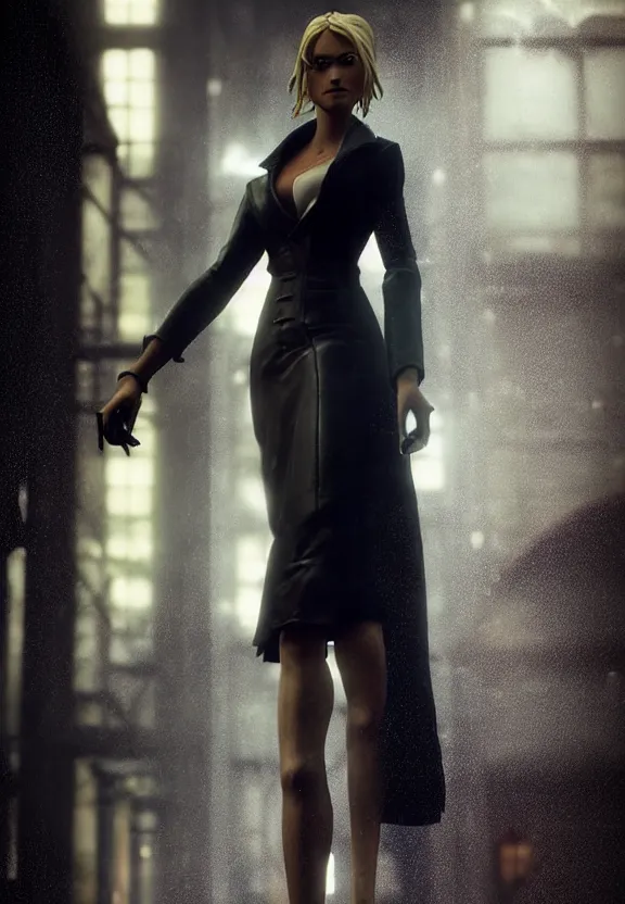 Image similar to cosmopolitan model annie leonhart posing with open toe heels in dunwall city, beautiful face, detailed face, realistic eyes, cinematic lighting, rainy weather, melancholy atmosphere, volumetric light, octane render, gothic architecture, realistic reflections, model agency, instagram photo, depression and despair