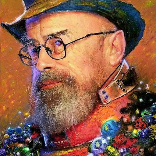 Prompt: portrait of Terry Pratchett as a knight, colourful by Thomas Kinkade, detailed, beautiful composition, oil painting