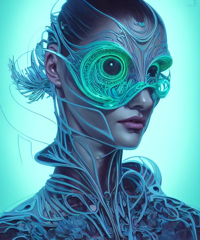 Image similar to Supermodel woman turning into an Android portrait, dark surrealism , scifi, intricate, elegant, highly detailed, teal neon glowing eyes, digital painting, artstation, concept art, smooth, sharp focus, illustration, art by artgerm and moebius and alphonse mucha