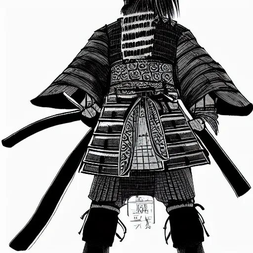 Prompt: A FULL BODY PORTRAIT FROM BEHIND OF A SAMURAI FROM MANGA VAGABOND, ,detailed, concept art, ink style , sketch black and white colors