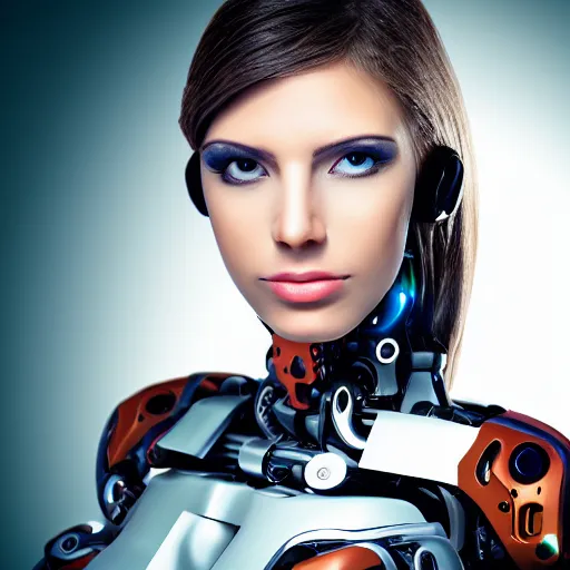Prompt: photo portrait of c beautiful female cyborg