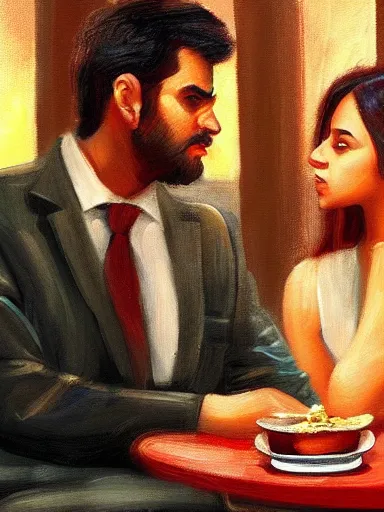 Image similar to masterpiece painting by salman toor, of a guy and a girl on a date in a restaurant, cinematic light, renaissance, atmospheric effects, artstation