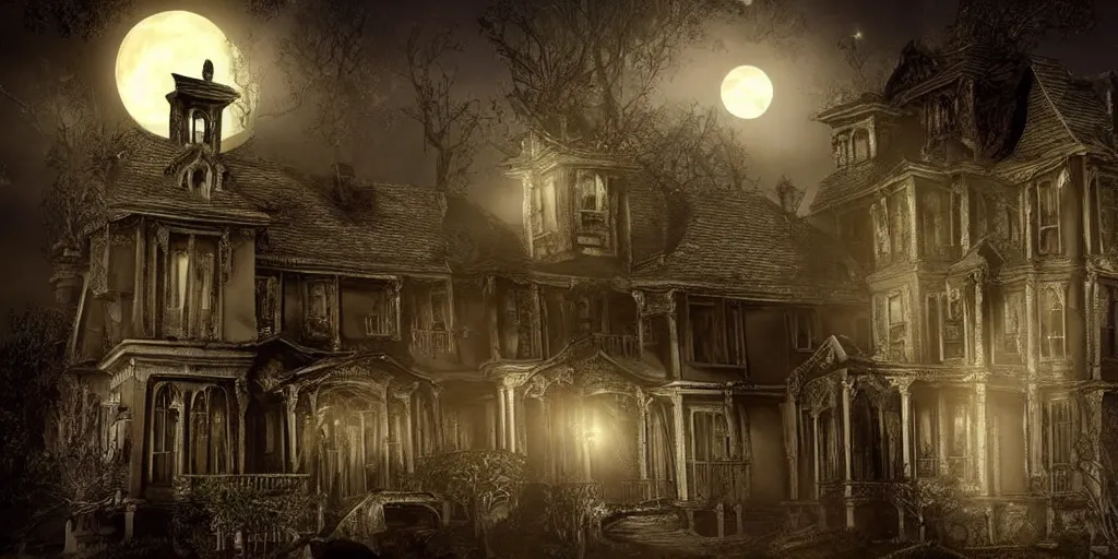 Image similar to inside a haunted mansion at night, moonlight shines through the windows, hyper realistic, dramatic shadows, gothic