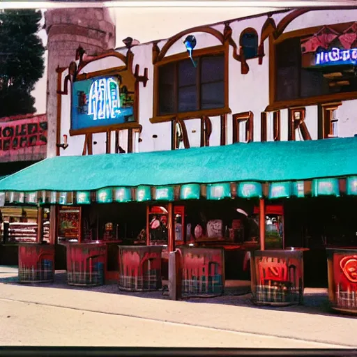 Image similar to kodachrome color photograph of a medieval tavern that is also a 1 9 5 0 s drive - in diner with neon signs, fantasy, medieval, americana, european architecture