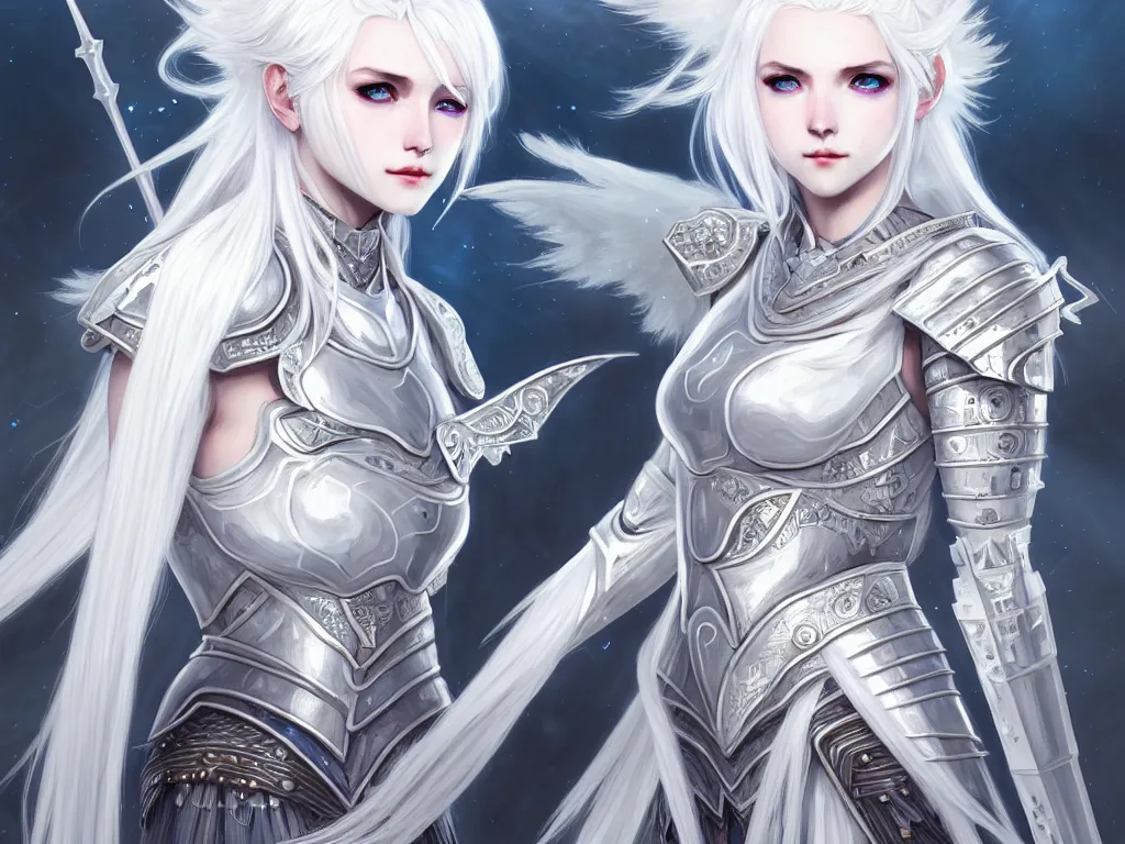 Image similar to portrait white hair knights of zodiac girl, matt white ice color armor, in ruined agora of athens sunrise, ssci - fi and fantasy, intricate and very beautiful and elegant, highly detailed, digital painting, artstation, concept art, smooth and sharp focus, illustration, art by ayanamikodon and tian zi and alphonse mucha