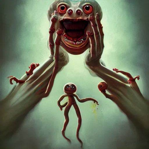 Image similar to Lofi horror, a baby monster with six arms, six arms, monster,chalk, Pixar style, Tristan Eaton, Stanley Artgerm, Tom Bagshaw, Basil Gogos