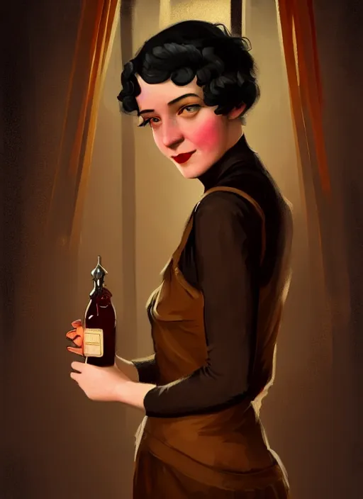 Prompt: character portrait of young woman as a beautiful barmaid, cozy dark crowded 1920s speakeasy tavern, dystopian 1920s soviet mood, relaxed pose, charming sly smile, black hair with pixie cut, intricate, wild, highly detailed, digital painting, artstation, concept art, smooth, sharp focus, illustration, art by Noah Bradley, vibrant deep colors, 🍸, 8k octane beautifully detailed render, post-processing, extremely hyperdetailed, Art Nouveau, masterpiece, dizzy, foggy, claustrophobic