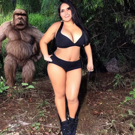 Image similar to photo of hot curvy spanish latina cuban college girl with black hair smoking weed with bigfoot