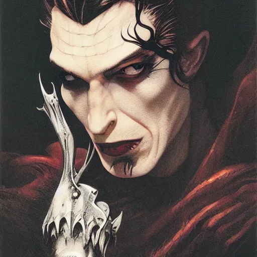 Image similar to head and shoulders vogue photo portrait of a male vampire, d & d, fantasy, greg rutkowski, frank frazetta, alexandre chaudret, boris vallejo, michael whelan, miro petrov, hr giger, magali villeneuve, donato giancola