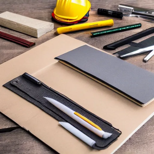 Prompt: a note book with construction materials around it