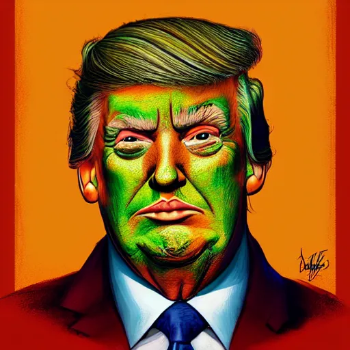 Prompt: a poster design of a close portrait donald trump as the Toxic Avenger, warm color, Highly detailed labeled, poster, peter mohrbacher, featured on Artstation