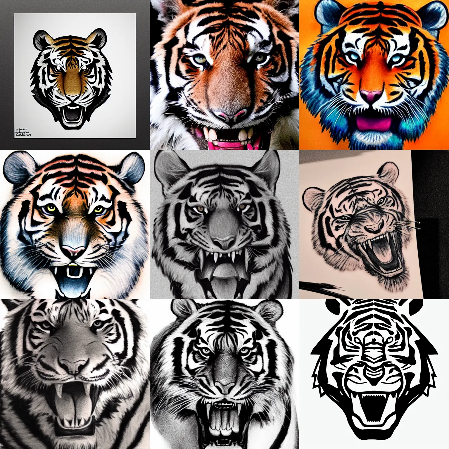 Prompt: tiger head, smiling, tattoo concept art