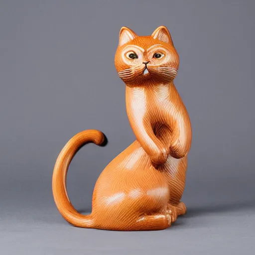 Image similar to demure anthropomorphic cat figurine wearing a kimono, brown resin, highly detailed, intricate, monotone, head tilted down