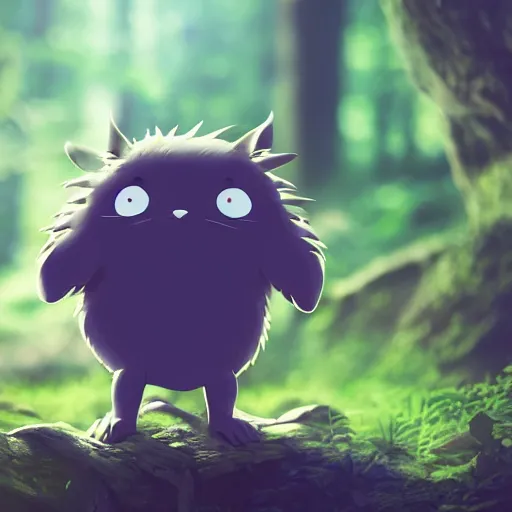 Prompt: small cute creature in the forest made by studio ghibli, spirit, night, high details, high quality, 8 k, smooth,