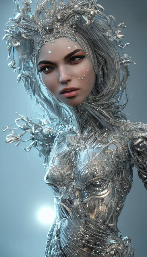 Image similar to full body detailed, ethereal, biomechanical, covered in diamonds and other gems glowing, highly detailed face, elegant posed, intricate, extremy detailed, beeple, cgsociety, 3 d unreal engine octane render. cinematic lighting, highly detailed 4 k art