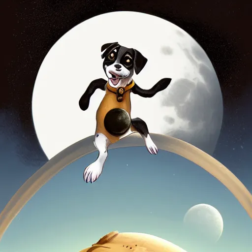 Image similar to cute jack black and white russel terrier jumping over a smiling moon, large round eyes, concept art, game art, character sheet, character design, by cory loftis and bill schwab