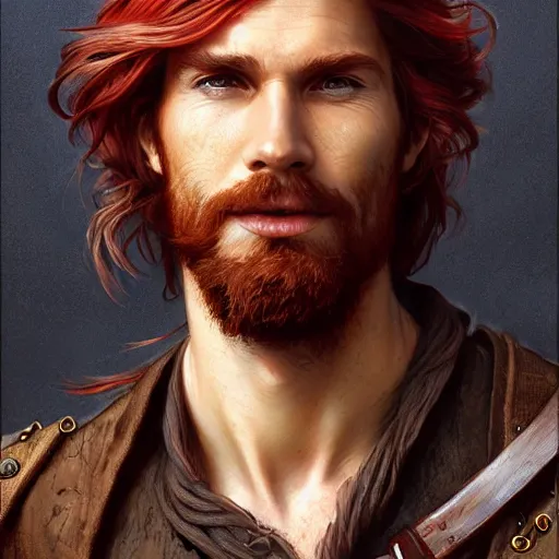 Prompt: portrait of a young ruggedly handsome but joyful pirate, male, masculine, upper body, red hair, long hair, d & d, fantasy, roguish smirk, intricate, elegant, highly detailed, digital painting, artstation, concept art, matte, sharp focus, illustration, art by artgerm and greg rutkowski and alphonse mucha