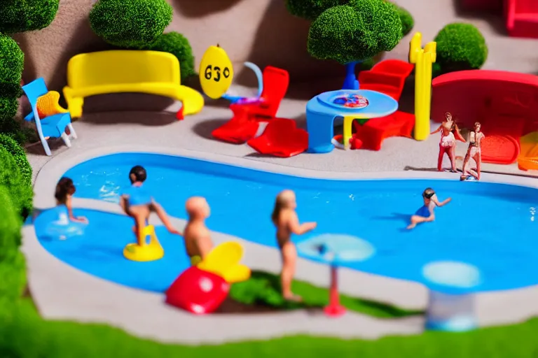 Image similar to fisher price public pool, california scene from tv show hyper detailed 5 5 mm 8 5 mm, toy photography, made out of plastic