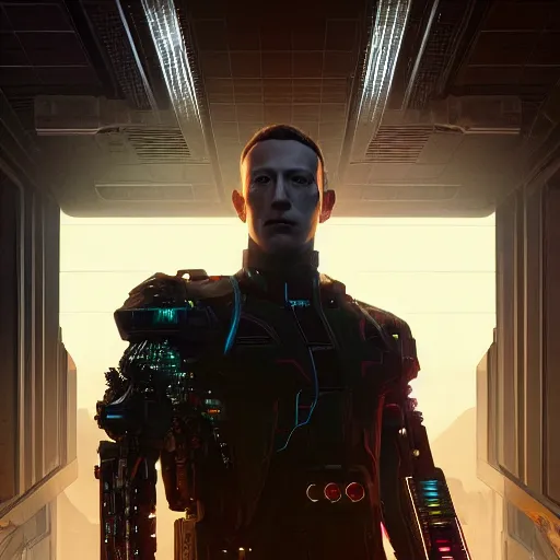 Image similar to imposing, ominous portrait of cyborg Mark Zuckerberg as a cyberpunk 2077 loading screen, symmetry, front view, intricate, studio, art by anthony macbain + greg rutkowski + alphonse mucha, concept art, 4k, sharp focus