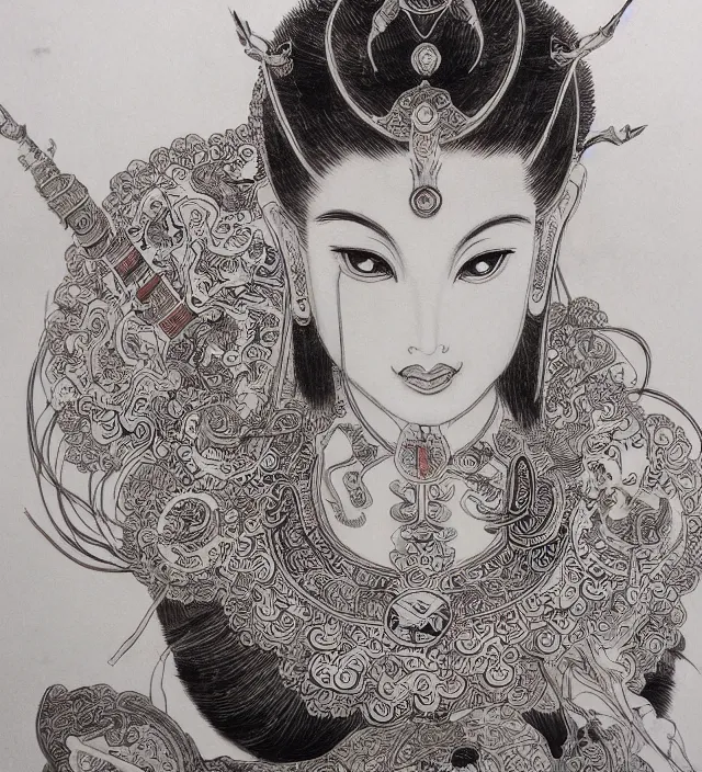 Prompt: taoist buddhist art detailed ink drawing painting of a beautiful girl portrait in alex ross frank miller gantz miura kentaro giger escher sorayama style detailed trending award winning