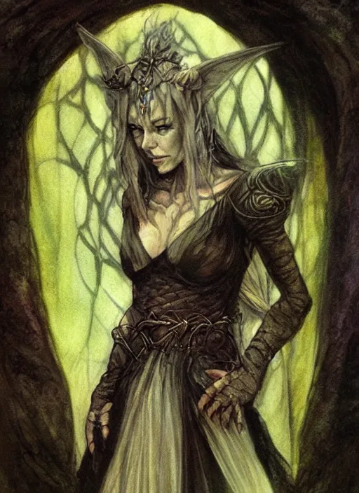 Image similar to portrait of lithe female sorceress of the fey, beautiful! coherent! dungeons and dragons character, by brian froud, strong line, night color, high contrast