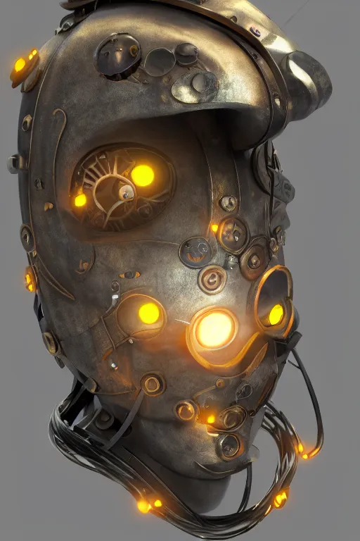 Image similar to steampunk mask minimalist fantasy art robot ninja helmet, global illumination ray tracing hdr fanart arstation by sung choi and eric pfeiffer and gabriel garza and casper konefal radiating a glowing aura