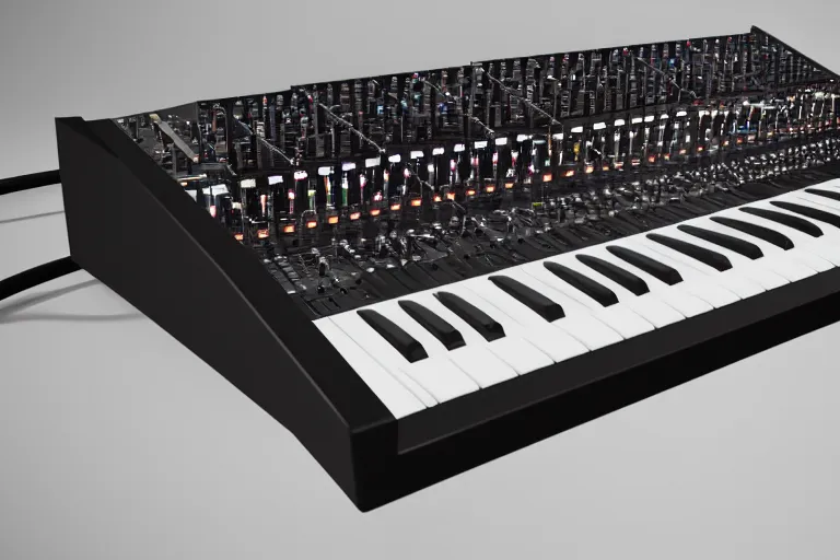 Image similar to dream synthesizer, ultradetailed, led, cables and wires, knobs, faders, octane render