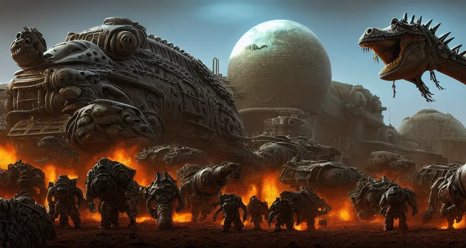 Prompt: pixar running dinosaurs googly eyes, m 1 tank fury road iron smelting pits gothic armour, highly detailed cinematic scifi render of 3 d sculpt of spiked gears of war skulls bucketwheel jabbas palace, military chris foss, john harris, hoover dam'aircraft carrier tower'beeple, warhammer 4 0 k, halo, halo, mass effect