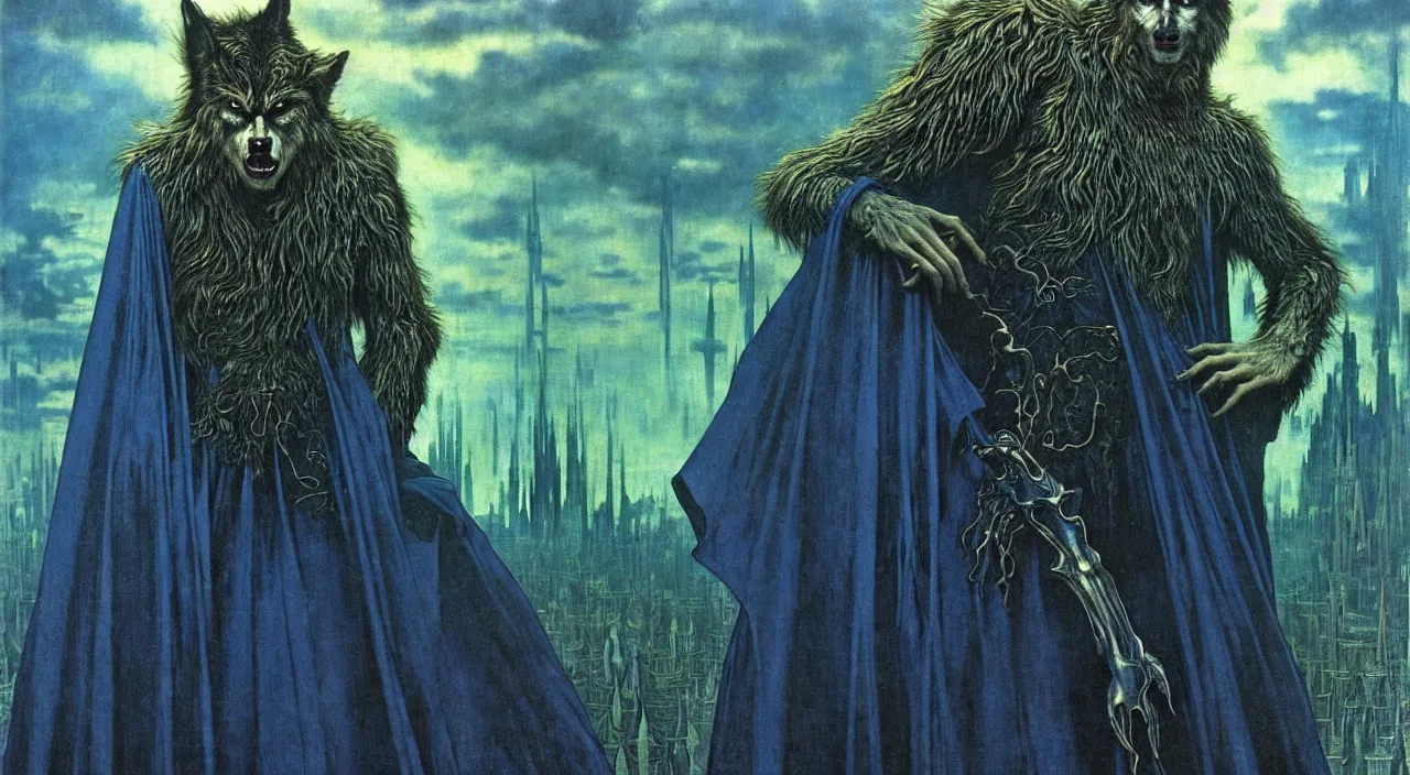 Prompt: realistic detailed portrait movie shot of a wolfman wearing dark robes, sci fi city landscape background by denis villeneuve, amano, yves tanguy, alphonse mucha, ernst haeckel, max ernst, roger dean, masterpiece, rich moody colours, blue eyes, occult