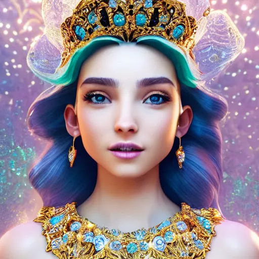 Image similar to portrait of pretty princess with perfect skin, glowing, ornate and intricate diamond jewelry, jaw dropping beauty, glowing backdrop, white accent lighting, hyper detailed, 4 k octane render