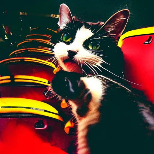 Prompt: black cat in a rollercoaster. the cat is enjoying the ride. sunlight. polaroid photo. saturated colors. selfie