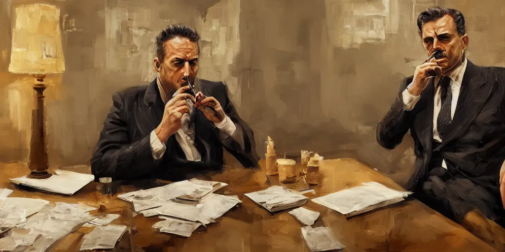 Image similar to abstract oil matte portrait painting, mafia boss smoking a cigar at his 5 0 s new york office desk, wonderful masterpiece highly detailed, beautiful cinematic light deep focus, elegant, digital painting, smooth, sharp focus, golden ratio, dramatic illumination, ultra realistic, 8 k, art by jimmy law