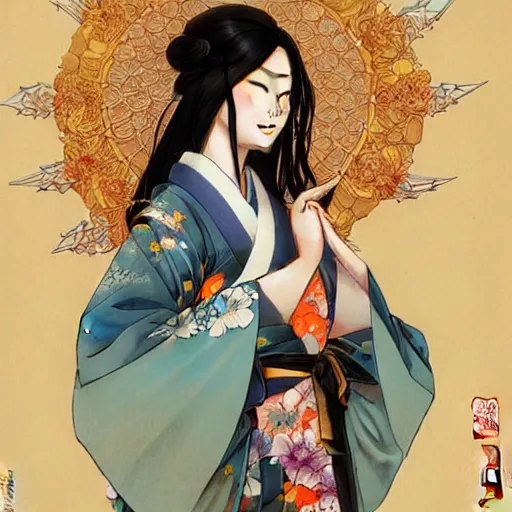 Image similar to A Japanese girl wearing a kimono, D&D, fantasy, intricate, elegant, highly detailed, digital painting, artstation, concept art, matte, sharp focus, illustration, art by Artgerm and Greg Rutkowski and Alphonse Mucha