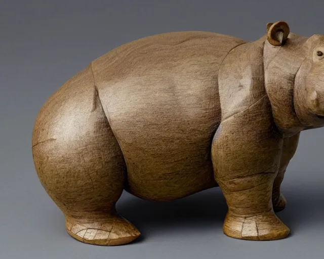Image similar to a sculpture of hippo baby, half wood carved half resin epoxy, cubic blocks, side view centered