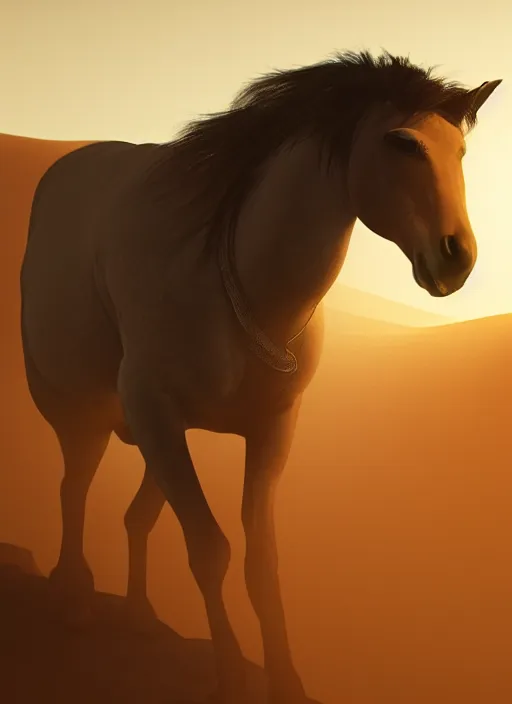 Image similar to man backpacking horse in desert, volumetric lighting, beautiful, golden hour, sharp focus, ultra detailed, cgsociety by leesha hannigan, ross tran, thierry doizon, kai carpenter, ignacio fernandez rios, noir photorealism, film