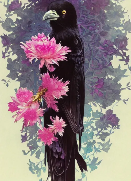 Prompt: portrait of black raven bird, flowers, pink spike aura in motion, floating pieces, painted art by tsuyoshi nagano, greg rutkowski, artgerm, alphonse mucha, spike painting