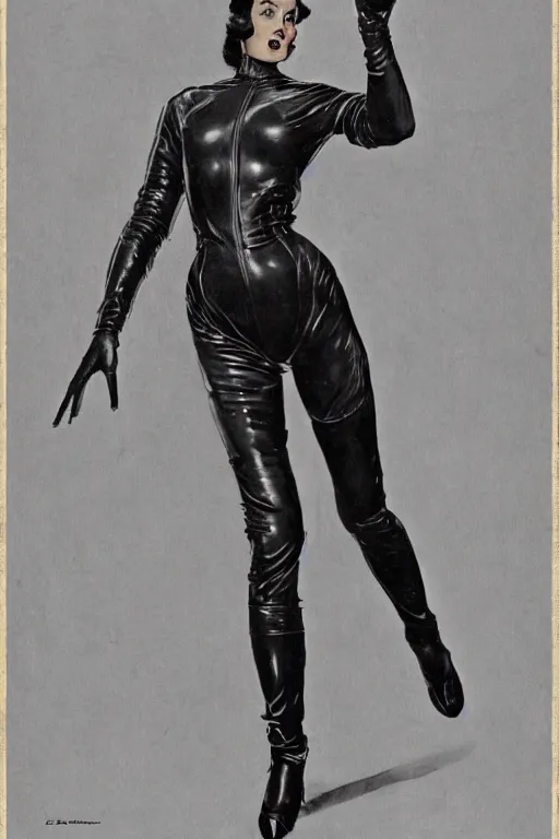 Image similar to 5 0 s pulp scifi fantasy illustration full body portrait slim mature woman in leather spacesuit, aiming shooting dynamic pose, by norman rockwell, roberto ferri, daniel gerhartz, edd cartier, jack kirby, howard v brown, ruan jia, tom lovell, frank r paul, jacob collins, dean cornwell, astounding stories, amazing, fantasy, other worlds