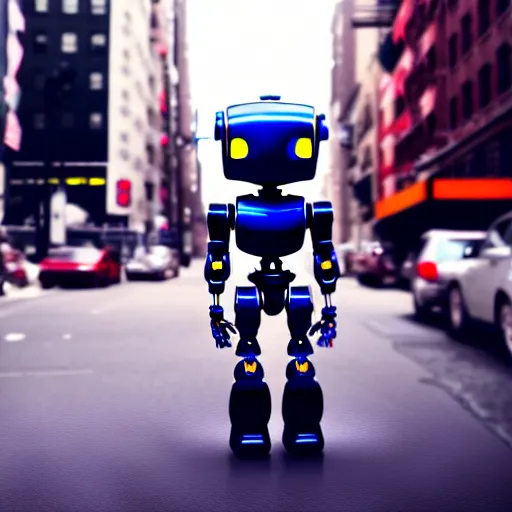 Image similar to a cute little robot in new york city. super realistic 8 k render of a dark hooded powerful elegant, cinematic composition