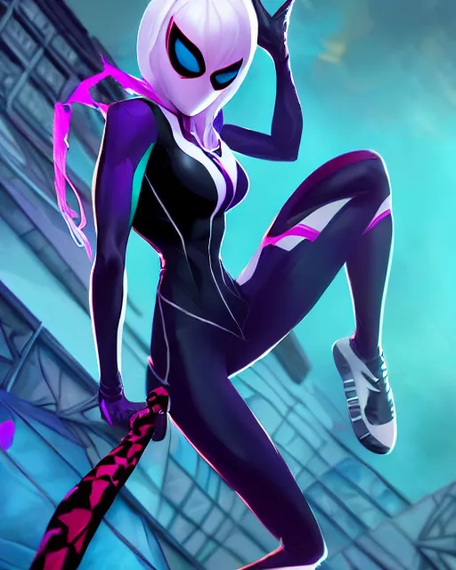 Prompt: Spider-Gwen venom, art by lois van baarle and loish and ross tran and rossdraws and sam yang and samdoesarts and artgerm, digital art, highly detailed, intricate, sharp focus, Trending on Artstation HQ, deviantart, unreal engine 5, 4K UHD image