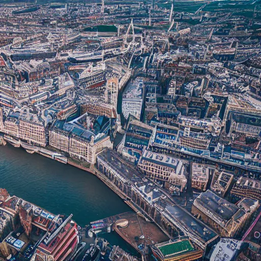 Image similar to a drone shot of Victorian London, aerial view, photograph, photorealistic, detailed, sharp image, 8k SDR, award-winning, beautiful,