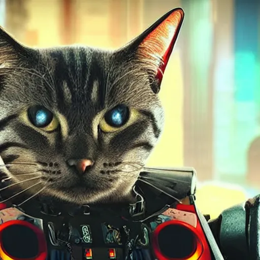 Prompt: close - up of a cat with humanoid robots in the background in a cyberpunk universe