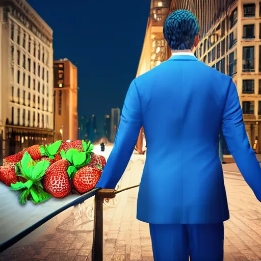 Image similar to a man with an elegant blue suit, photography, 3 d render, at night, buildings, dinosaur, strawberries