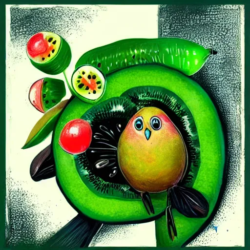 Prompt: cute kiwi bird holding a kiwi fruit, concept art, illustrated, highly detailed, high quality, bright colors, optimistic,