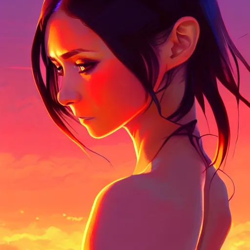 Prompt: nina dobrev, sunset background, intricate, highly detailed, digital painting, artstation, official media, anime key visual, concept art, rich vivid colors, ambient lighting, sharp focus, illustration, art by Artgerm, Makoto Shinkai, Ilya Kuvshinov, Lois Van Baarle, and Rossdraws