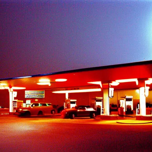 Prompt: a foggy high flash photo of a gas station from the street at night, 2 0 0 6, taken with a disposable camera