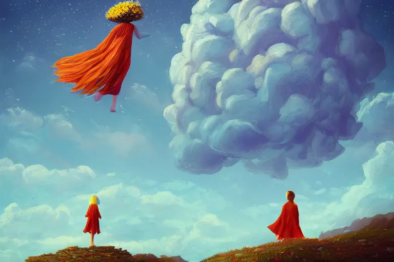 Image similar to giant corn flower as a head, girl standing on cliff, surreal photography, stars, dramatic light, impressionist painting, storm clouds, digital painting, artstation, simon stalenhag